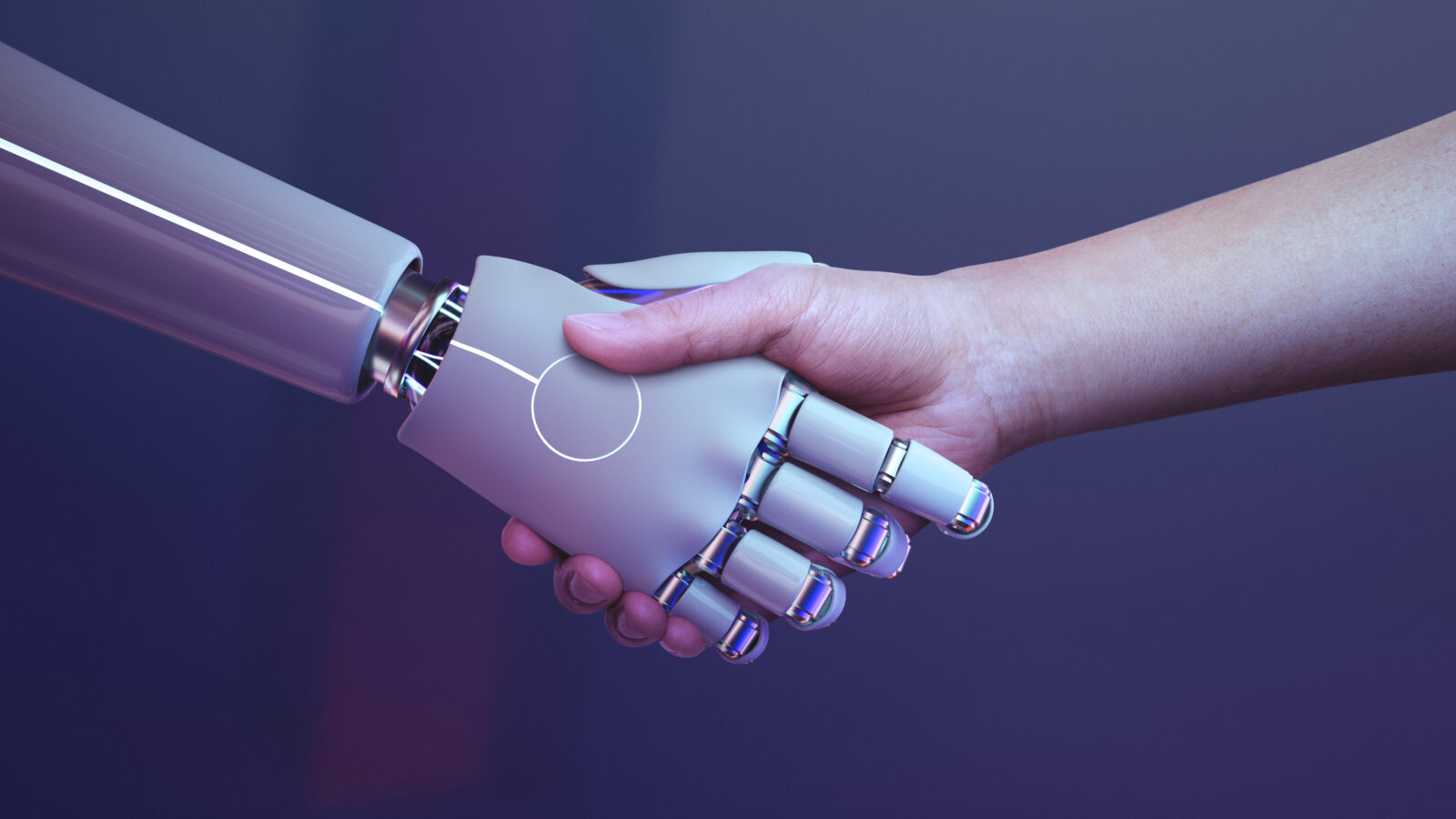 Human and AI robotic hands shaking, symbolizing the integration of Agentic AI into Global Capability Centers for autonomous decision-making and intelligent automation.